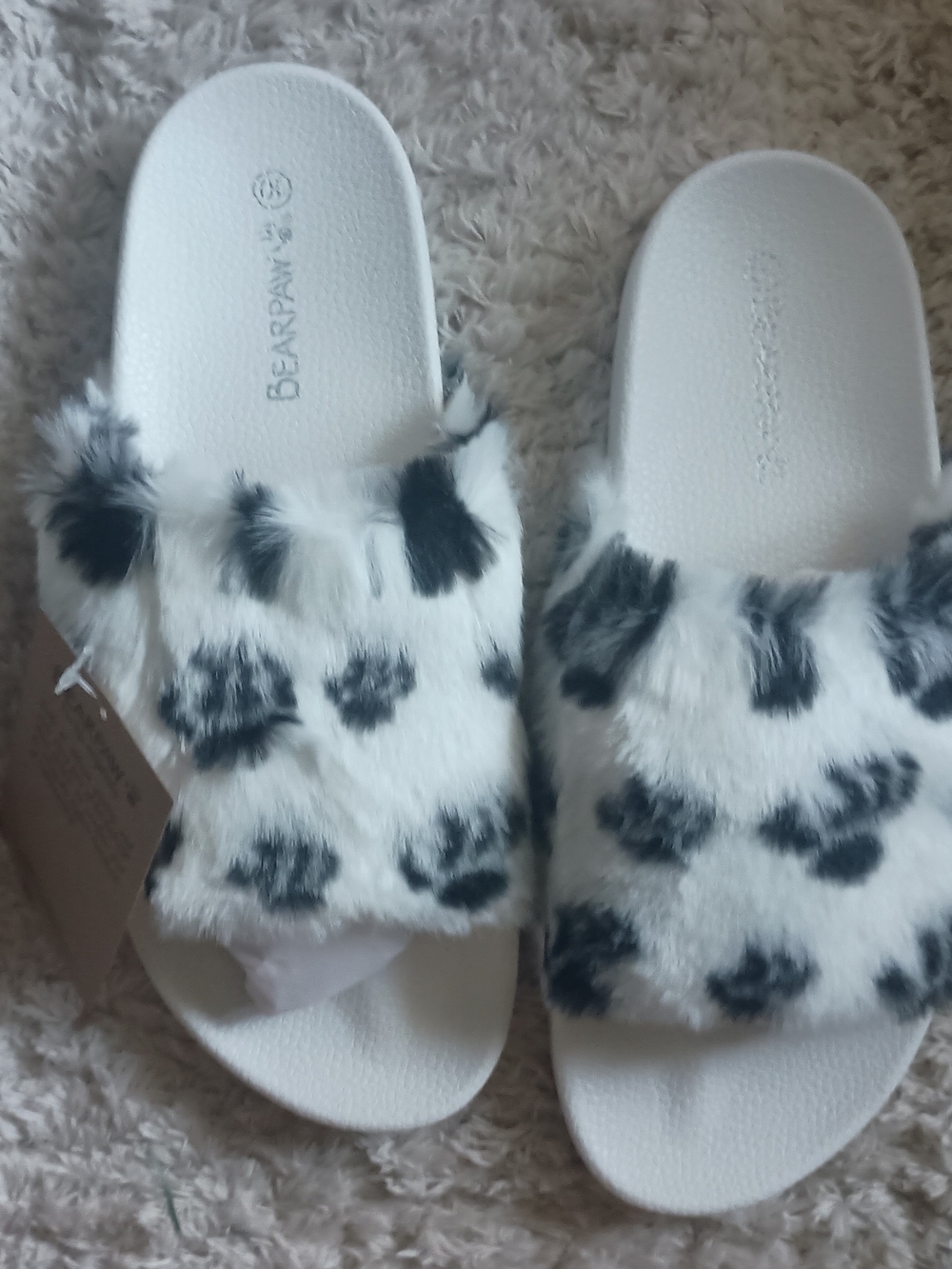 BearPaw White Faux Fur Slide Sandals with Black Spot Pattern